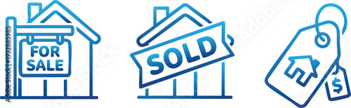 Real Estate Sale Sold House and Property Line Icon