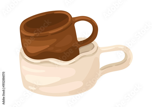 Clay Handmade Mugs. Pottery item. Vector illustration.