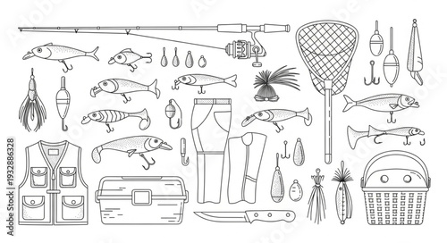 Fishing equipment illustration with various tools and fish, black and white.