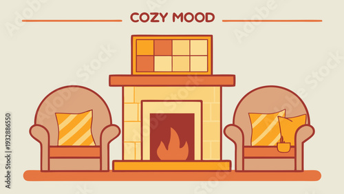 Flat Vector Cozy Mood Living Room Interior With Warm Fireplace Hygge Lifestyle Concept For Winter Christmas Holidays
