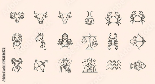 Zodiac signs illustration, featuring Aries, Taurus, Gemini, Cancer, Leo, Virgo, Libra, Scorpio, Sagittarius, Capricorn, Aquarius, and Pisces.
