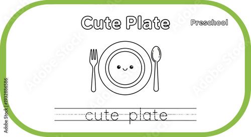 Cute Plate Coloring Page for Kids: Learn to Write "Cute Plate"
