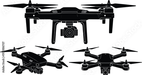 Detailed Black Silhouette Set of Modern Quadcopter Drones with 4K Cameras for Aerial Photography and Videography Isolated on White Background for Design Elements (25 words)