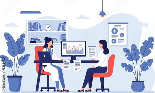 Doctor consulting patient in medical office healthcare diagnosis and treatment vector illustration