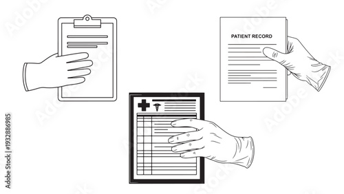 Hands Holding Patient Intake Forms And Digital Tablet Representing Clinical Documentation, EHR Data Entry And Medical Records Management Vector Illustration