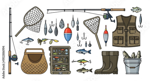 Collection of fishing equipment and accessories for recreational angling.