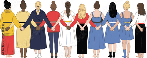 Group of diverse women standing together holding hands from back view