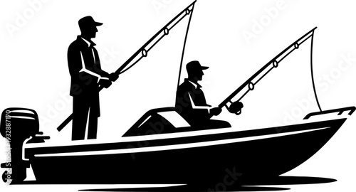 Black and white vector silhouette of two fishermen in a motorboat with fishing rods enjoying a calm day on the water during a summer trip