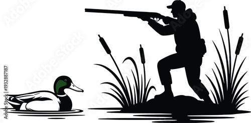 Duck Hunting Scene Silhouette Vector Illustration Featuring Hunter with Shotgun in Wetland Marsh Landscape Black and White Wildlife Design