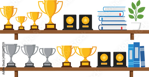 Award trophies and books on shelf achievement education success concept vector illustration