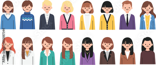 Set of diverse cute avatar icons of young men and women in various outfits
