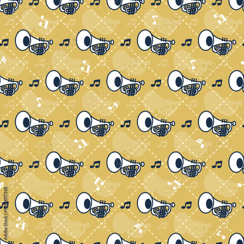 Cartoon Cute Trumpet and Fun Musical Notes Pattern. Ideal for jazz lovers, musicians, and creative designers looking for a stylish trumpet-themed pattern. Perfect for music-themed projects