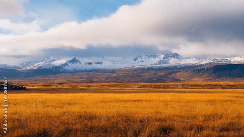 Fototapeta premium Golden autumn grass field with snow capped mountains
