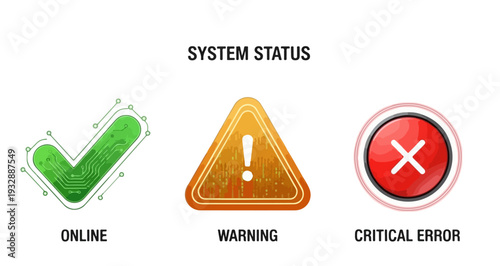 System status indicators showing online, warning, and critical error icons on a white background viewed from directly above