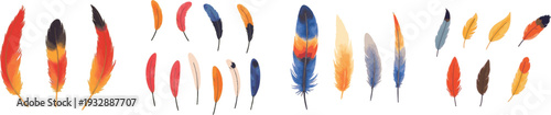 Watercolor colorful bird feathers set, vibrant decorative plumage collection - vector illustration set isolated on white background