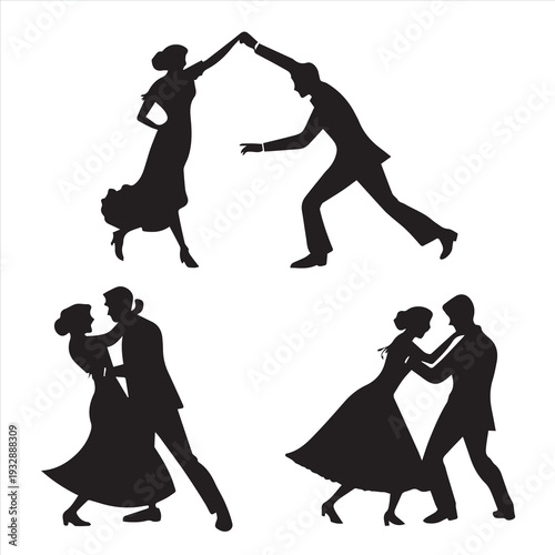 Artistic vector illustration of a bride and groom in black silhouettes dancing at a wedding party to celebrate their love through a graceful ballroom dance