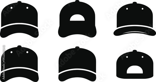 Black Baseball Cap Vector Icon Set Isolated on White Background Featuring Front Back and Side Views for Apparel Mockups Graphic Design and Headwear Templates (25 words)