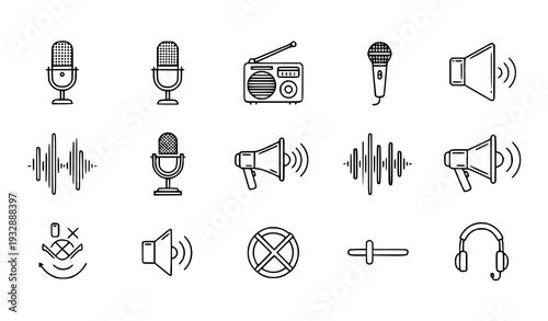 Microphone and Audio Thin Line Icons – Black Outline Music Vector Set
