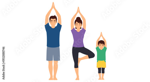 Family practicing yoga together in a serene environment, showcasing balance and harmony
