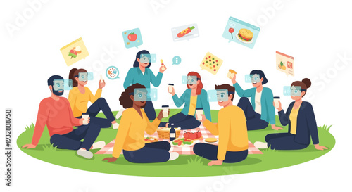 Group of friends enjoying a picnic in the park with various food items and digital icons floating above