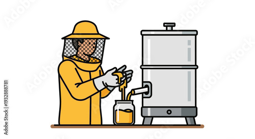 Beekeeper in protective suit harvesting honey from beehive into large container