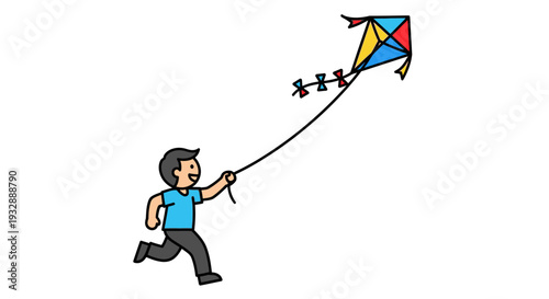 Man Running with Colorful Kite Flying High in the Air on a Windy Day