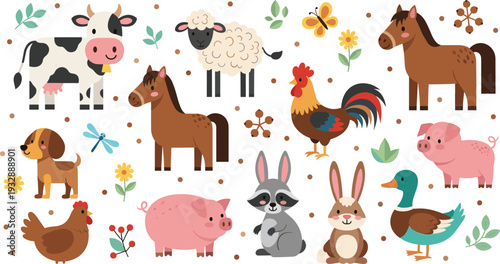 Cute farm animals pattern with cow horse pig rooster and rural nature vector illustration
