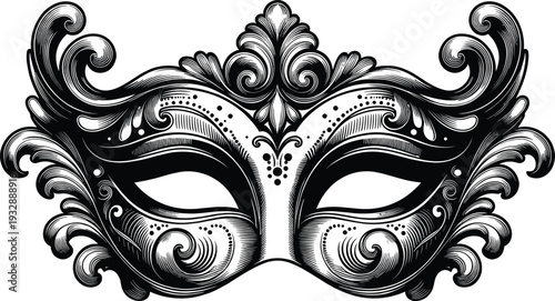 Elegant black and white vintage masquerade mask vector illustration with ornate baroque swirls and decorative floral flourishes for carnival ball and party invitations.