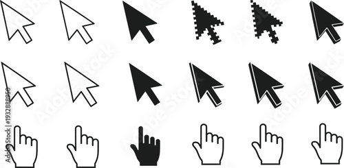 Black and white computer cursor icons set featuring arrow pointers, pixelated designs, 3D styles, hand cursors, and interactive interface graphics