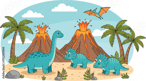 Dinosaurs with volcano eruption prehistoric landscape and flying pterosaur vector illustration