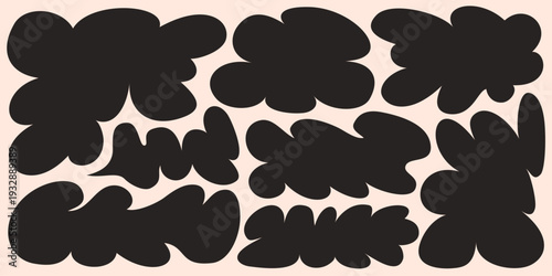 Curvy shape frame collection with bold wavy rectangle and soft cloud silhouettes in black. Organic doodle frames with rounded flowing edges and fluid outline. Perfect for posters, social media