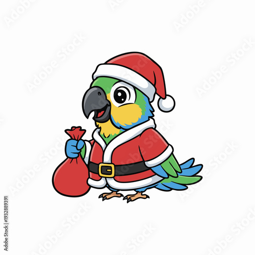 cute christmas parrot santa with gift sack