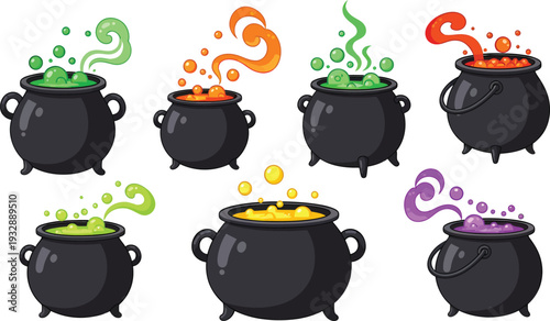 Colorful Witch Cauldrons Boiling with Steam on White Background