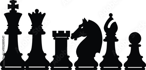 Black chess piece silhouette collection including king, queen, rook, knight, bishop, and pawn isolated on white background for strategy, competition, and board game design. (25 words)