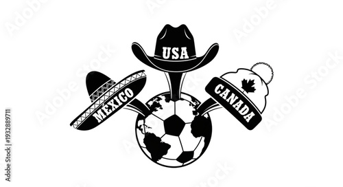 Soccer ball with cowboy hat, sombrero, and winter hat representing North American countries.