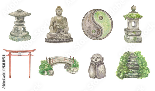 Canvas Print Watercolor set of Japanese zen garden elements including Buddha statue, torii gate, stone lanterns, yin yang symbol and bridge