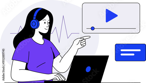 Woman Listening to Podcast with Headphones Flat Illustration