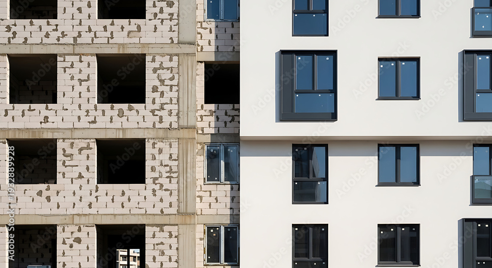 Naklejka premium Sleek apartment building transformation featuring raw cinder block frames next to a sophisticated white and grey finished facade.
