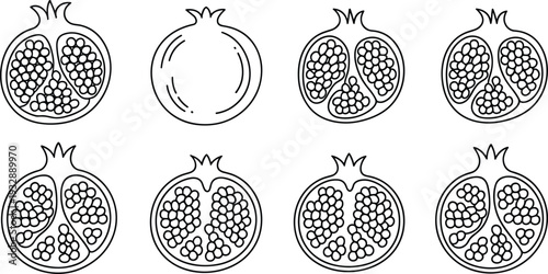 Black and white pomegranate fruit illustrations set featuring whole and cut open designs with seeds, botanical drawings, healthy food, and nutrition concept