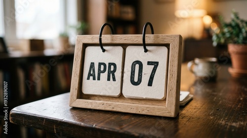 Wooden flip calendar displaying April 7th on a rustic wooden table indoors.
