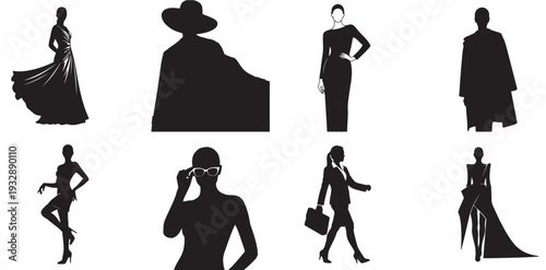 Set of 8 female fashion silhouette vector icons