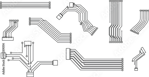 Circuit Board Line Elements Vector Set with Electronic Connections, PCB Traces, Microchip Paths, and Technology Wiring Design Components