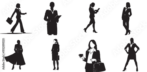 Set of 8 Businesswoman Silhouettes Vector