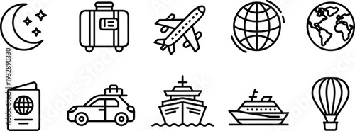 Black and white travel and transportation line icons set featuring airplane, suitcase, passport, taxi, cruise ship, yacht, hot air balloon, and globe illustrations