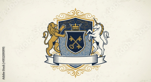 Elegant heraldic crest featuring a lion, unicorn, and ornate shield design.