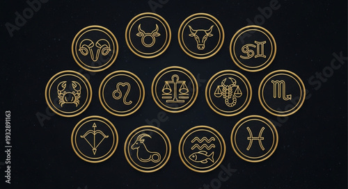 Golden Zodiac Symbols Displayed in Circular Medallions on Dark Background.
