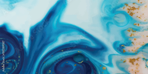 Abstract liquid fluid art painting background with alcohol ink technique in teal blue, green, and cool tone colors on white, featuring space for a banner or text.