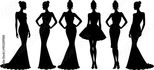 Elegant black silhouette of fashion models in sophisticated evening gowns and cocktail dresses for luxury gala events, red carpet style, and boutique branding designs