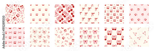Seamless cherry pattern set with pink bows and hearts. Cute coquette design for fabric, wallpaper, or Valentine's Day backgrounds. Perfect girly print with ribbon accents and fruit motifs.
