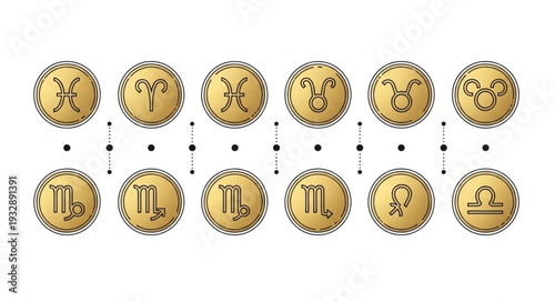 Golden Zodiac Symbols Displayed in a Circular Arrangement, Astrological Signs.